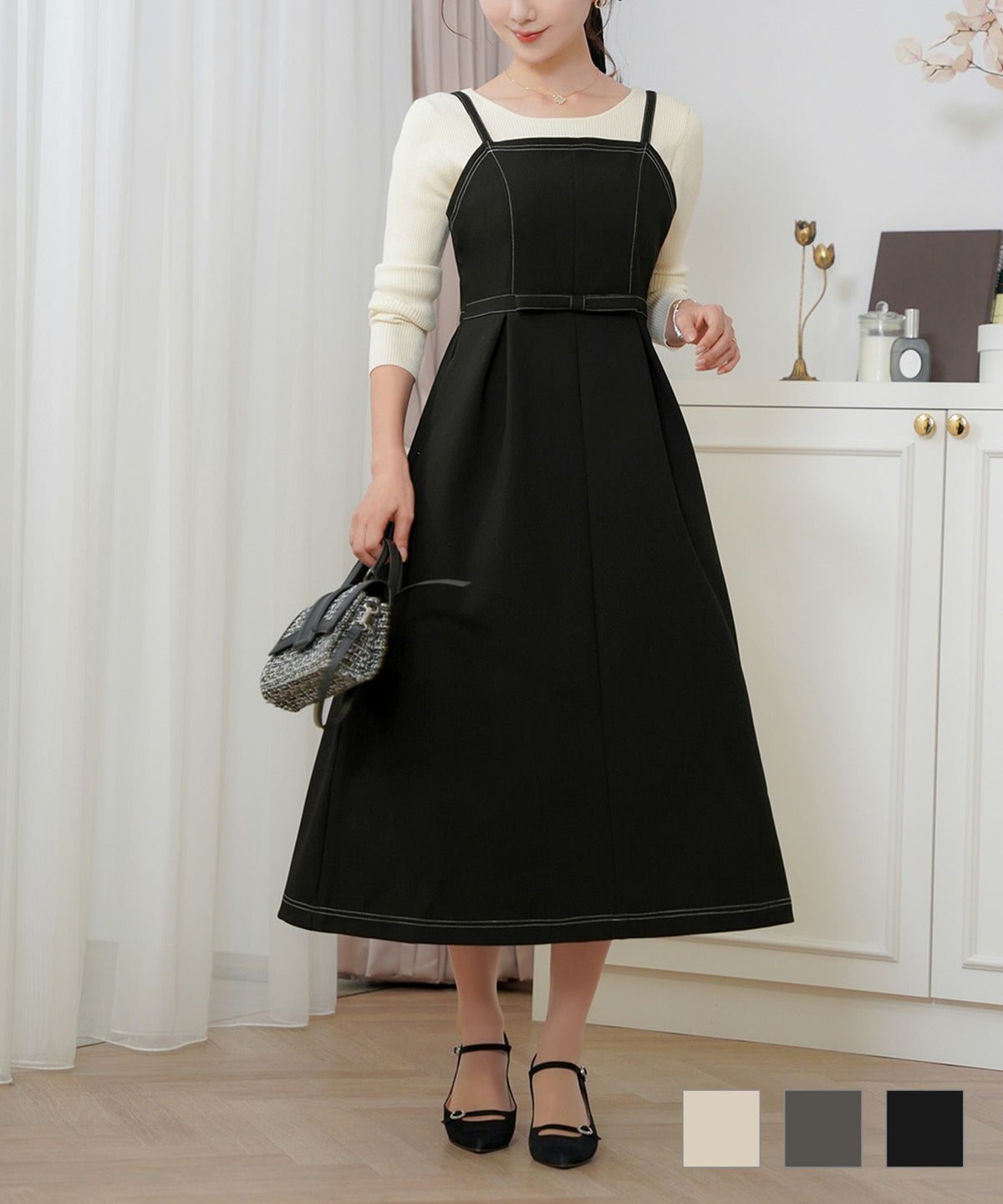 レディース ワンピース キャミワンピース 配色ステッチ リボン トレンド ベージュ チャコール ブラック フレア セミフレア タック ポケット 上品 可愛い フェミニン エレガント 配色ステッチ ウエスト リボン キャミワンピース le reve vaniller