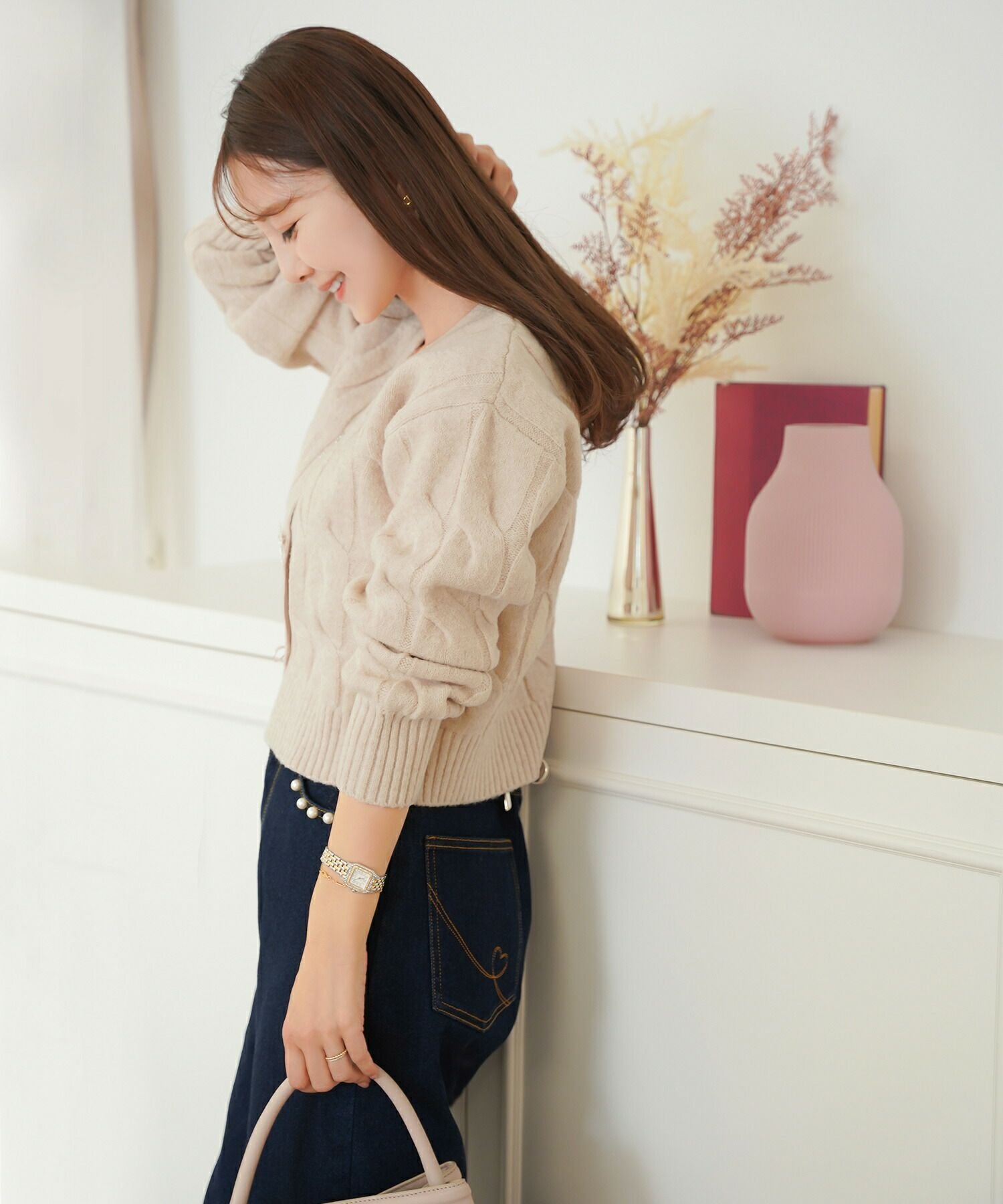 ビジュー リボン ブローチ ショートカーディガン le reve vaniller 全3