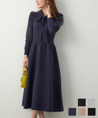 手洗い可 ニット ワンピース 長袖 ロング レディース 秋 春 フレア 黒 可愛い オフィス きれいめ ジョイントスペース ボウタイ ニット ワンピース Liala×PG