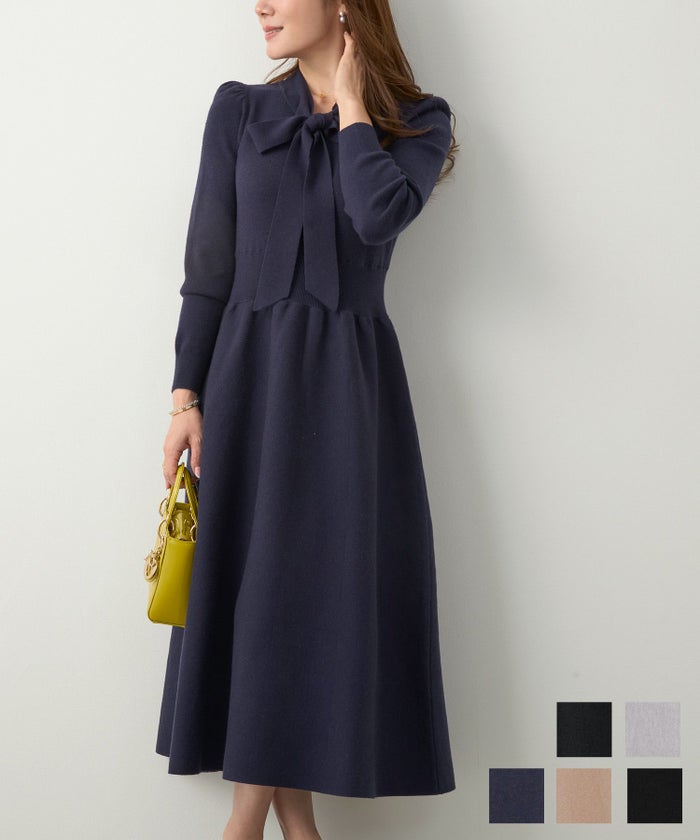 手洗い可 ニット ワンピース 長袖 ロング レディース 秋 春 フレア 黒 可愛い オフィス きれいめ ジョイントスペース ボウタイ ニット ワンピース Liala×PG