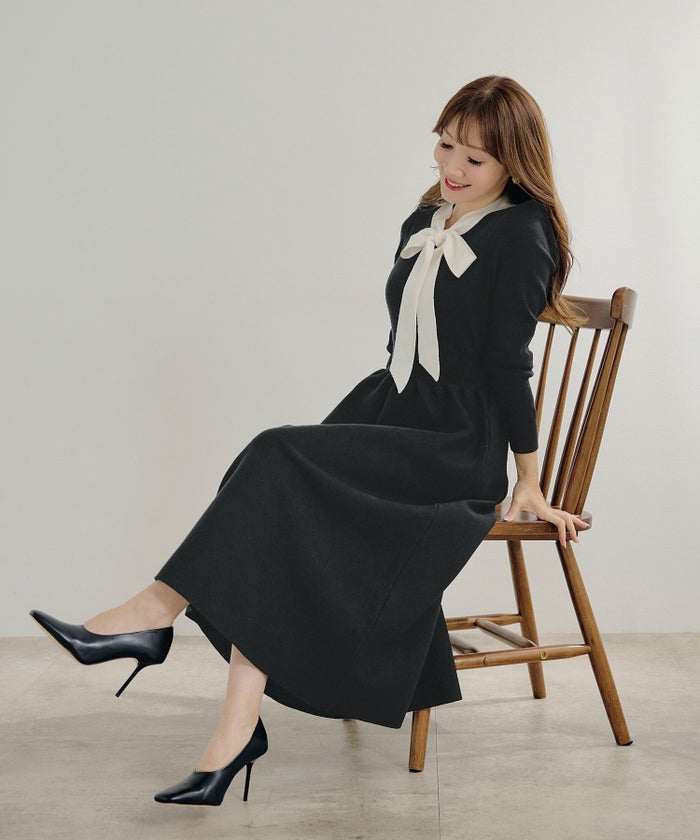 新色追加 手洗い可 長袖 ロング レディース 秋 春 フレア 黒 可愛い オフィス きれいめ ジョイントスペース