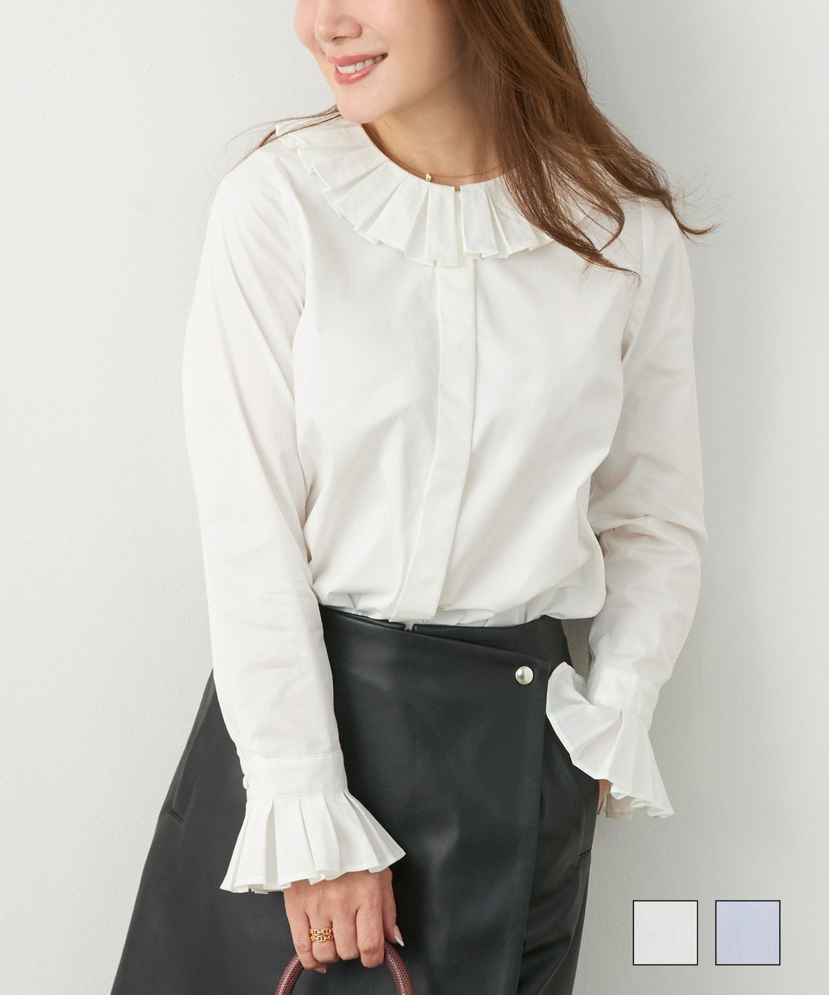 手洗い可 ブラウス トップス レディース かわいい オフィス きれいめ 白 シャツ 春秋 長袖 大人 ジョイントスペース プリーツカラー&スリーブ ブラウス Liala×PG