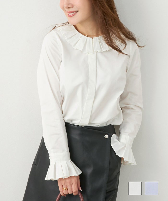 手洗い可 ブラウス トップス レディース かわいい オフィス きれいめ 白 シャツ 春秋 長袖 大人 ジョイントスペース プリーツカラー&スリーブ ブラウス Liala×PG