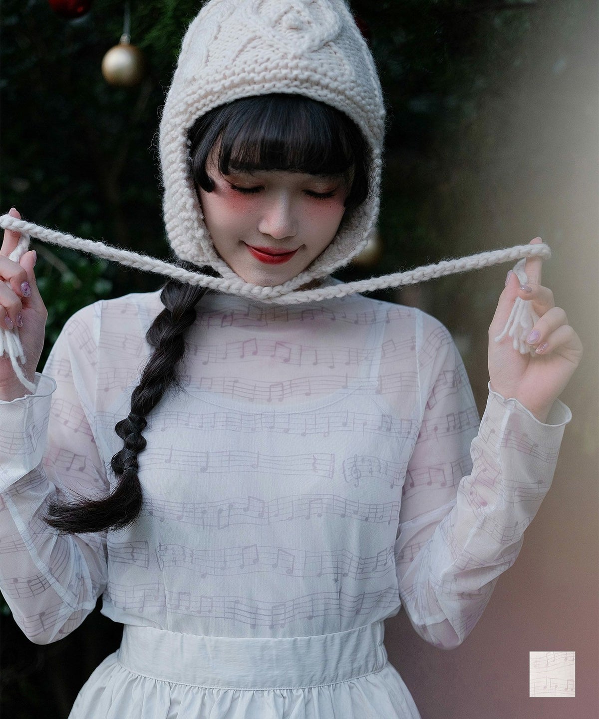 手描き クリスマス レイヤード 冬 上品 楽譜プリント シアートップス miolite