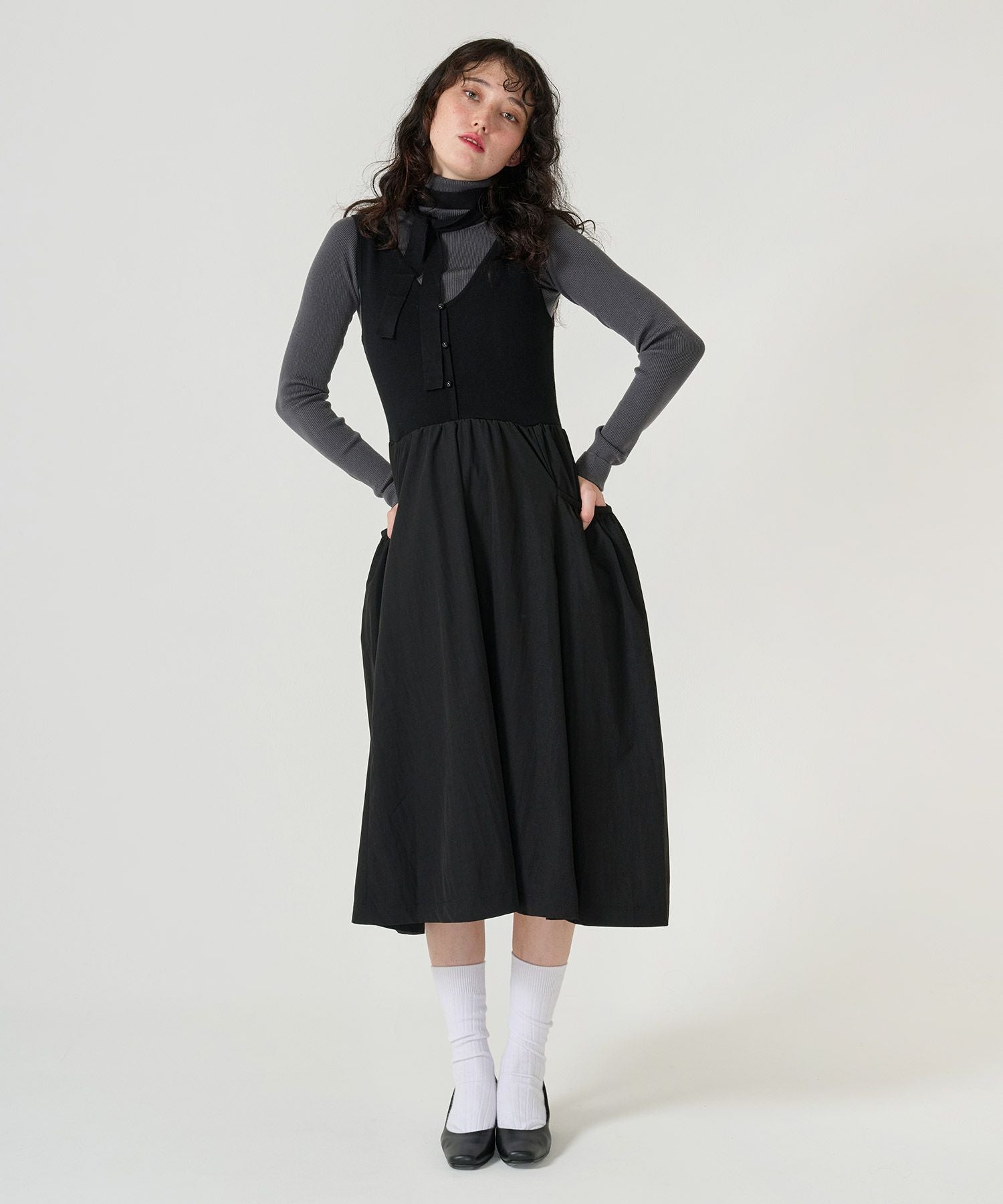 Early-Summer-SALE ボリュームスカート ドッキングニットワンピース