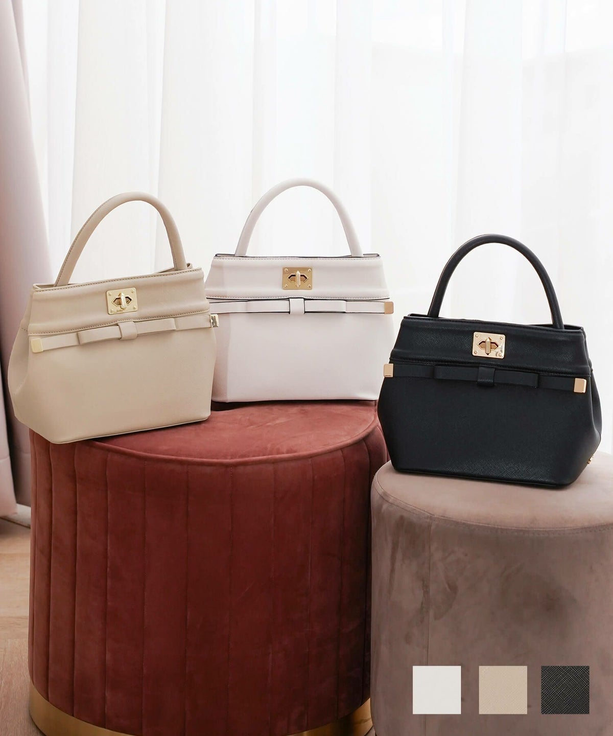 レディース バッグ 小物 ハンドバッグ おしゃれバッグ トートバッグ リボン ミニ  コンパクト ショルダー ハンドル 配色 ベージュ ブラック ホワイト 黒 クリスマス デート トレンド フロントリボン ハンド バッグ le reve vaniller