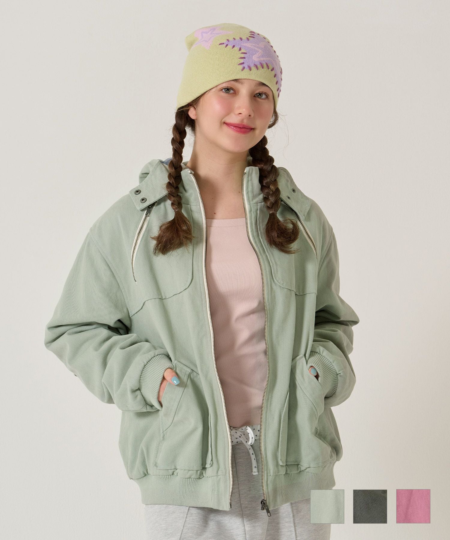 ジップアップフード付き ボンバージャケット TINA：JOJUN 全3色