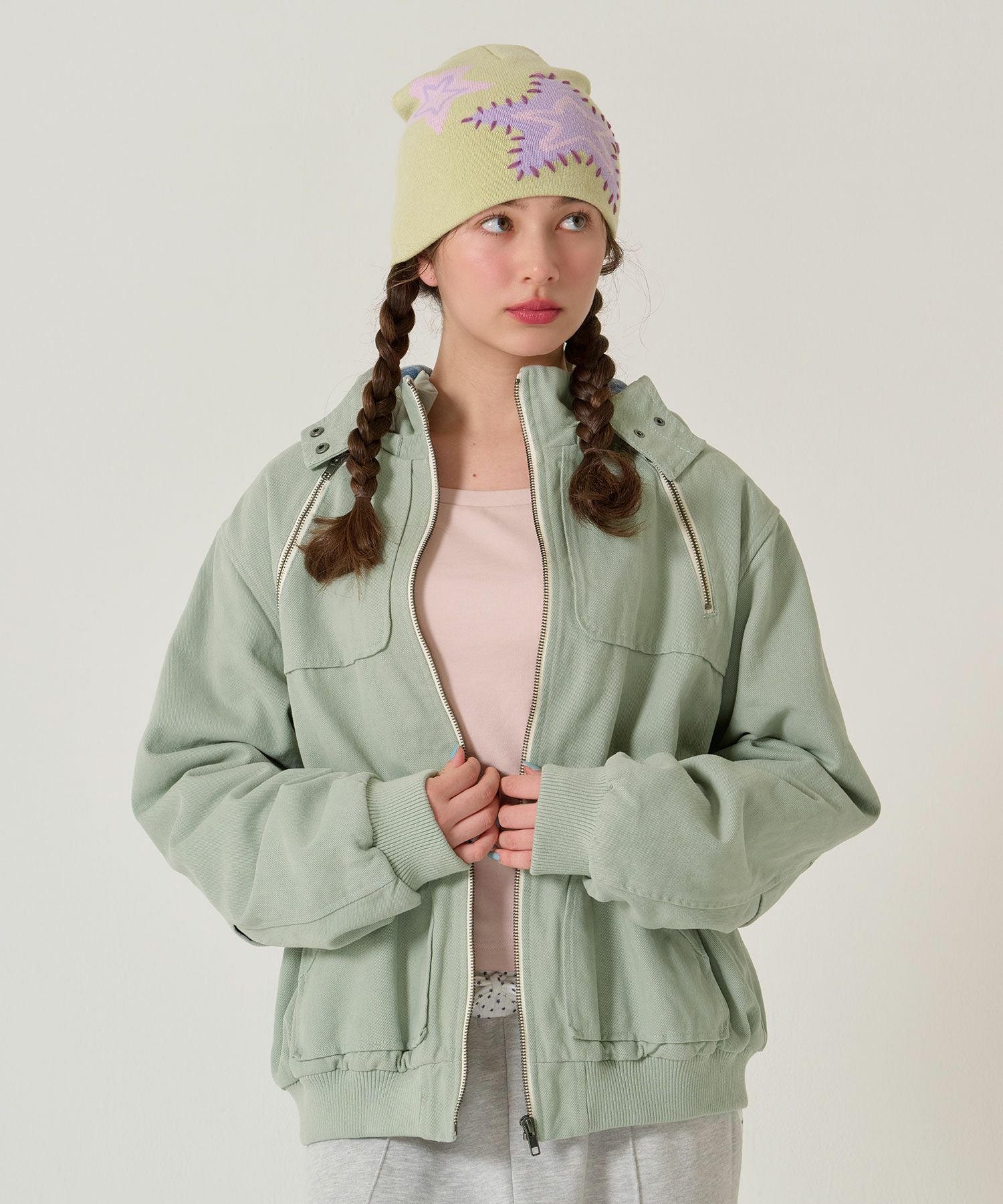 ジップアップフード付き ボンバージャケット TINA：JOJUN 全3色
