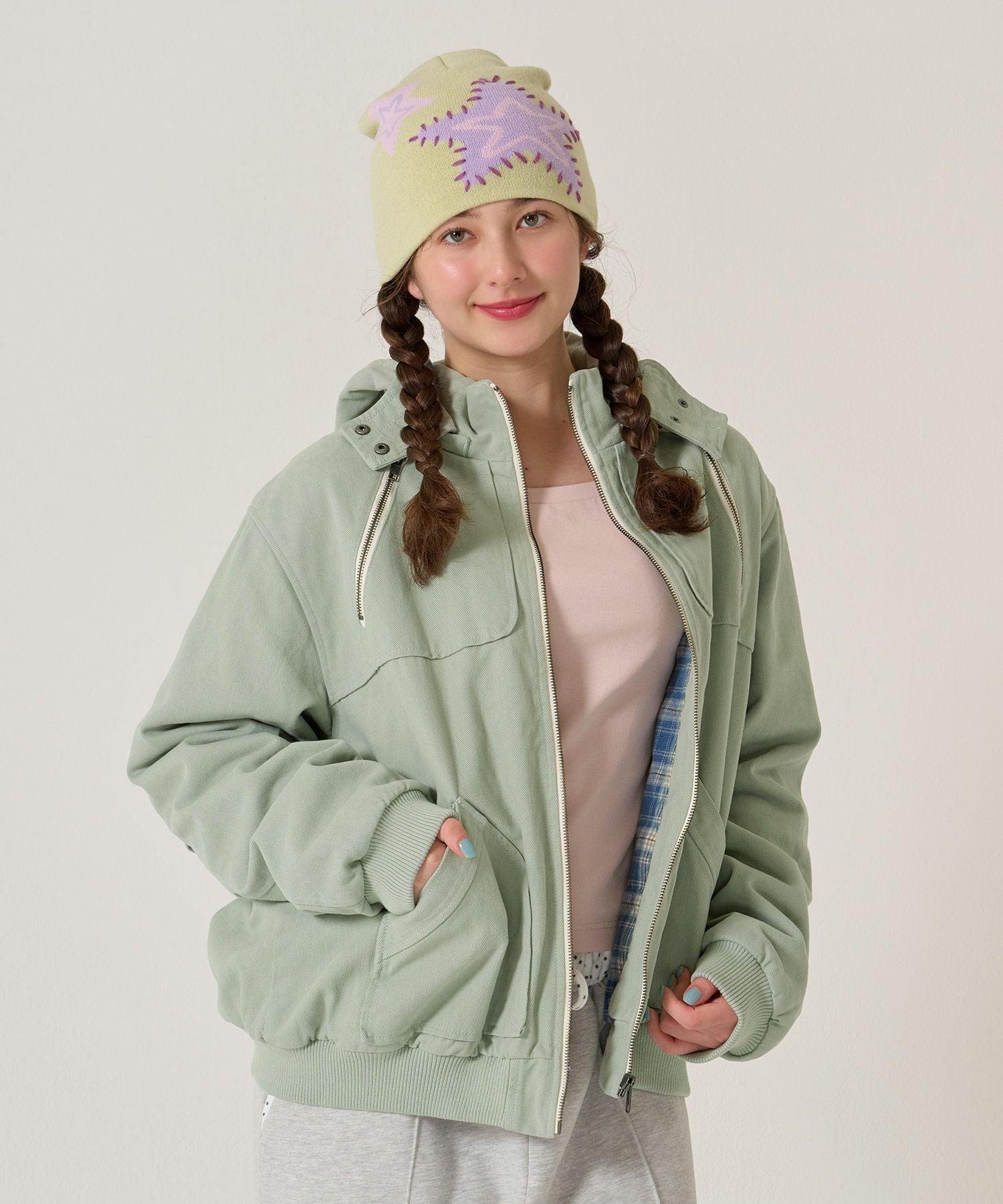 ジップアップフード付き ボンバージャケット TINA：JOJUN 全3色