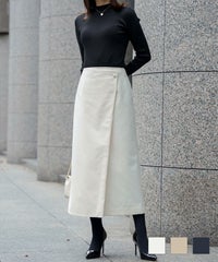 Aライン ウエストゴム ミモレ丈 くるみボタン 秋冬 ウールライク ラップ スカート HUIT
