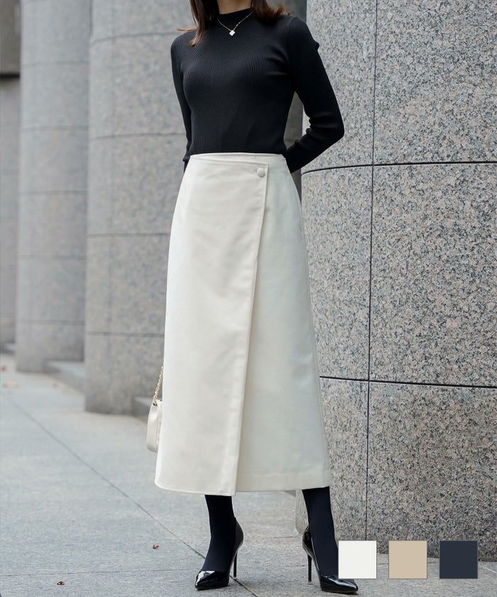 Aライン ウエストゴム ミモレ丈 くるみボタン 秋冬 ウールライク ラップ スカート HUIT