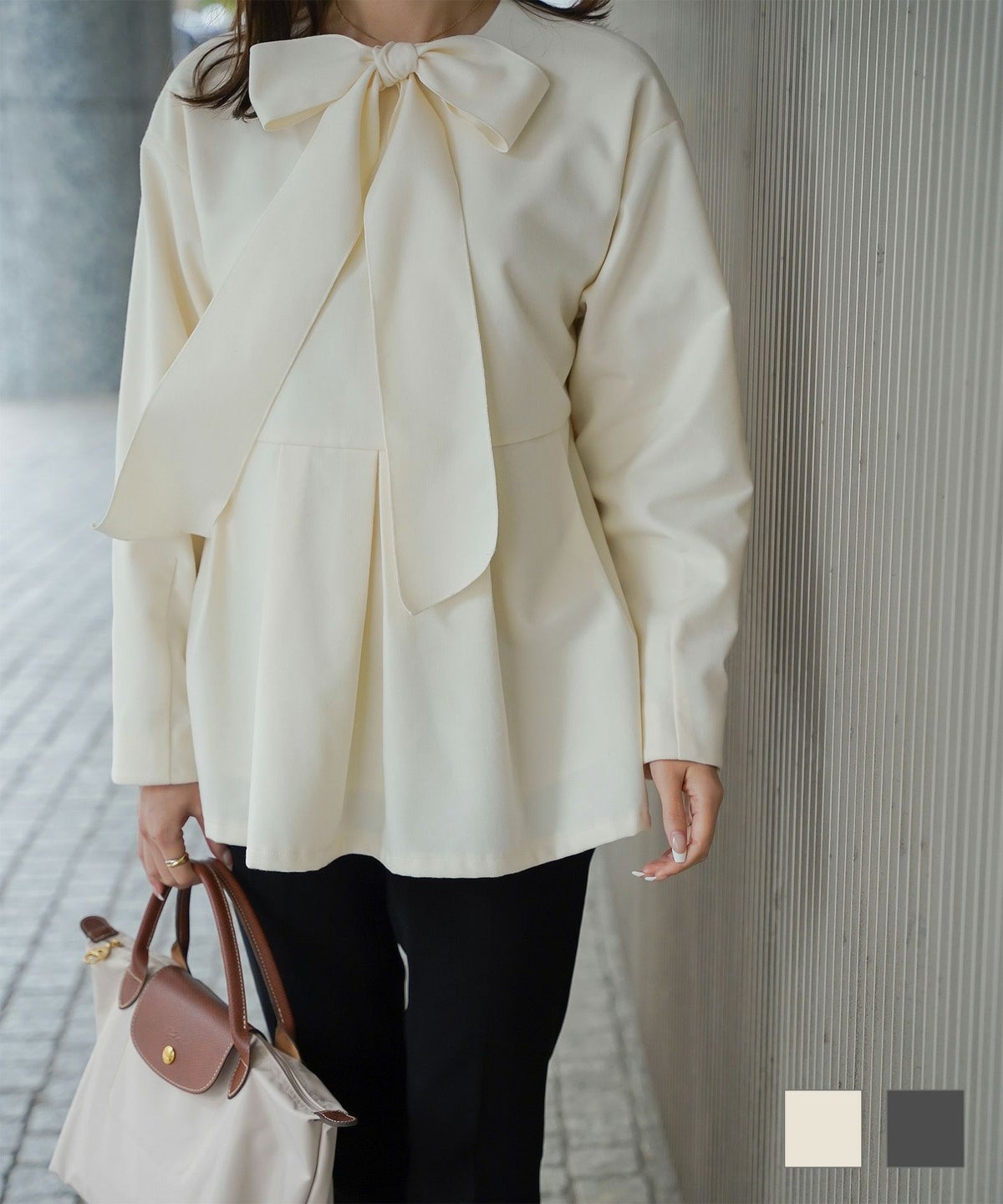 ベーシック ラウンドネック プリーツ コクーンスリーブ ペプラム ウールライク 2way リボンタイ トップス HUIT