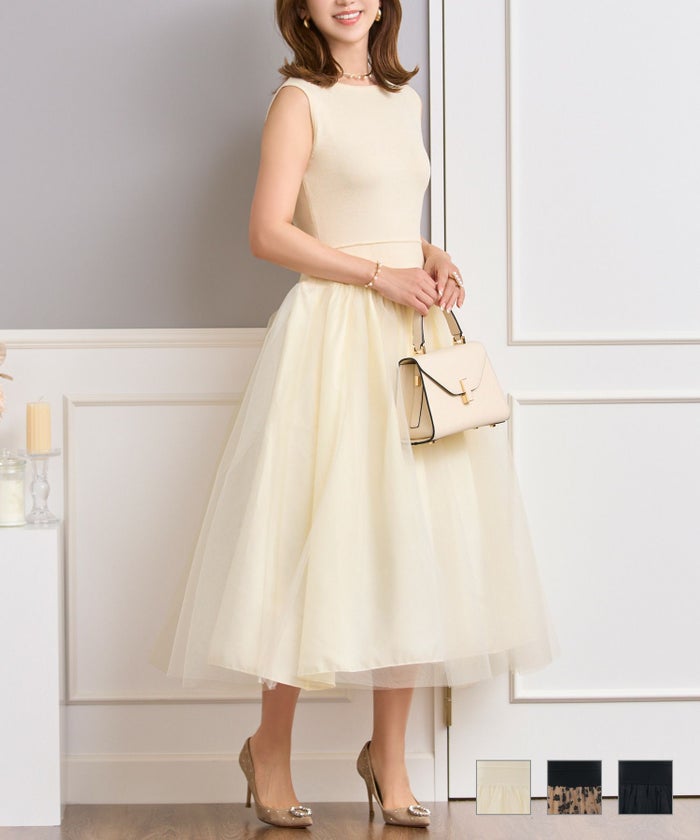 ワンピース レディース おすすめ かわいい きれいめ 白黒 チュールレース 花柄 卒業式 入園 フォーマル　ジョイントスペース チュールドッキング ニット ワンピース Prima Scherrer