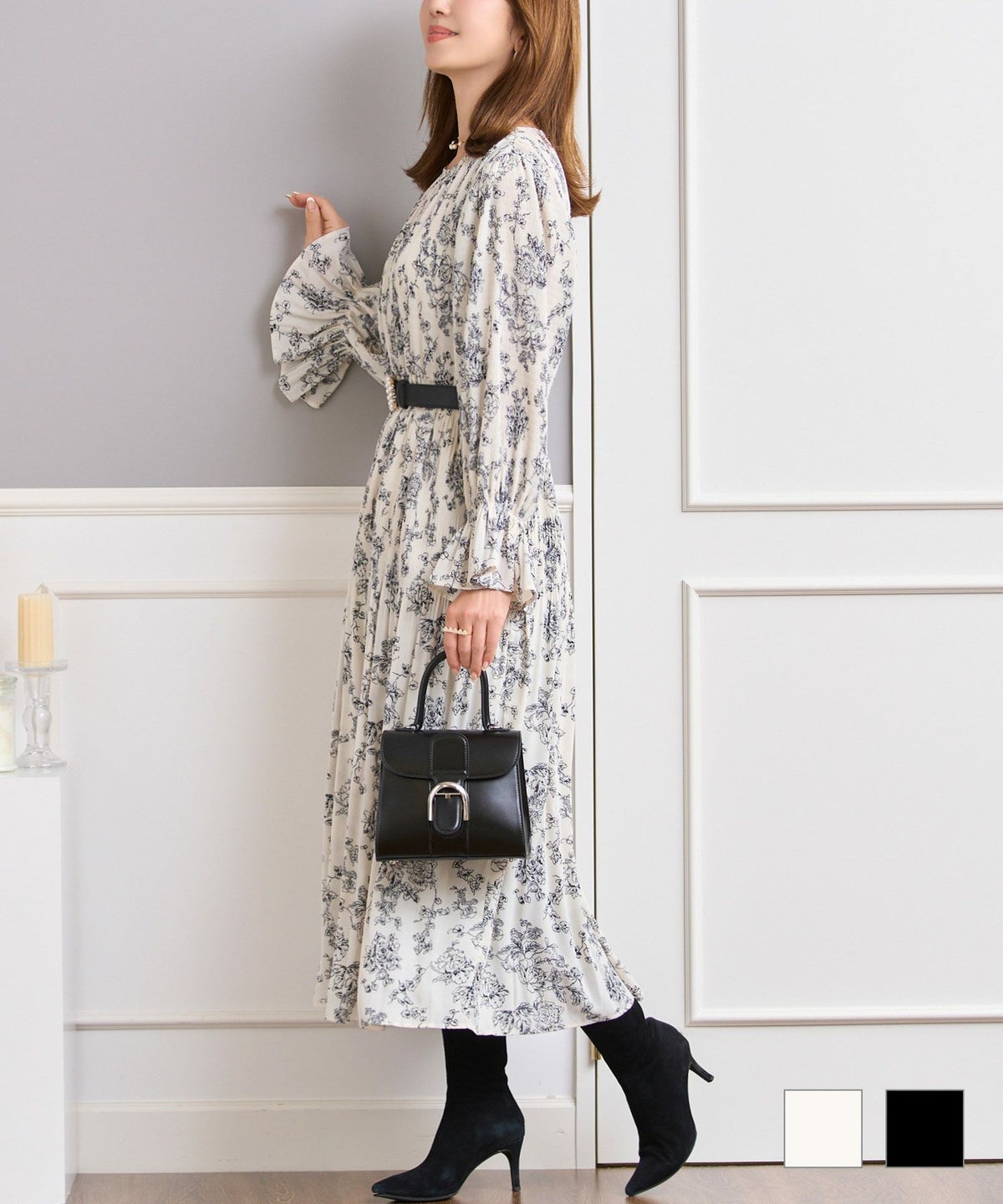 セレクト ワンピース レディース きれいめ オフィス 大人 かわいい 色 花柄 フレア 白黒 長袖 ジョイントスペース ドローイング フラワープリント ワンピース Prima Scherrer