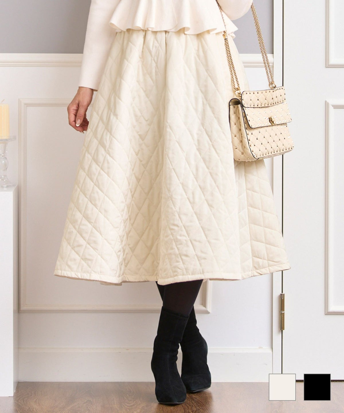 セレクト フレア スカート 裾 白黒 秋冬 大人 きれいめ かわいい ウエストゴム 膝丈 ジョイントスペース キルティング ポケット付きフレア スカート Prima Scherrer