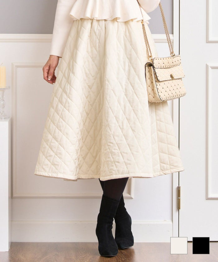 セレクト フレア スカート 裾 白黒 秋冬 大人 きれいめ かわいい ウエストゴム 膝丈 ジョイントスペース キルティング ポケット付きフレア スカート Prima Scherrer