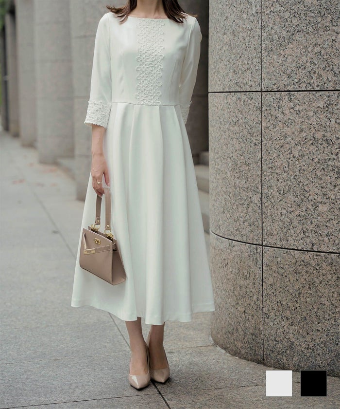 オケージョン フラワー デイリー タック フレア 七分袖 レーストリム ダブルクロス ワンピース HUIT