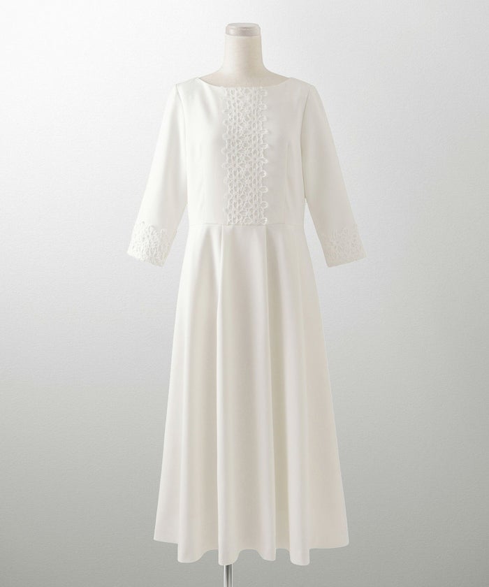 オケージョン フラワー デイリー タック フレア 七分袖/ホワイト/ブラック/M