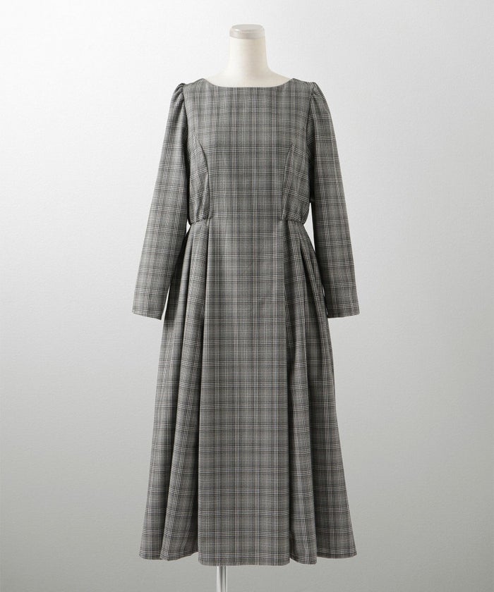 トレンド 秋冬 上品 ドレスライク デイリー ストレッチ タック ギャザー フレア ロング/千鳥格子/グレンチェック/M