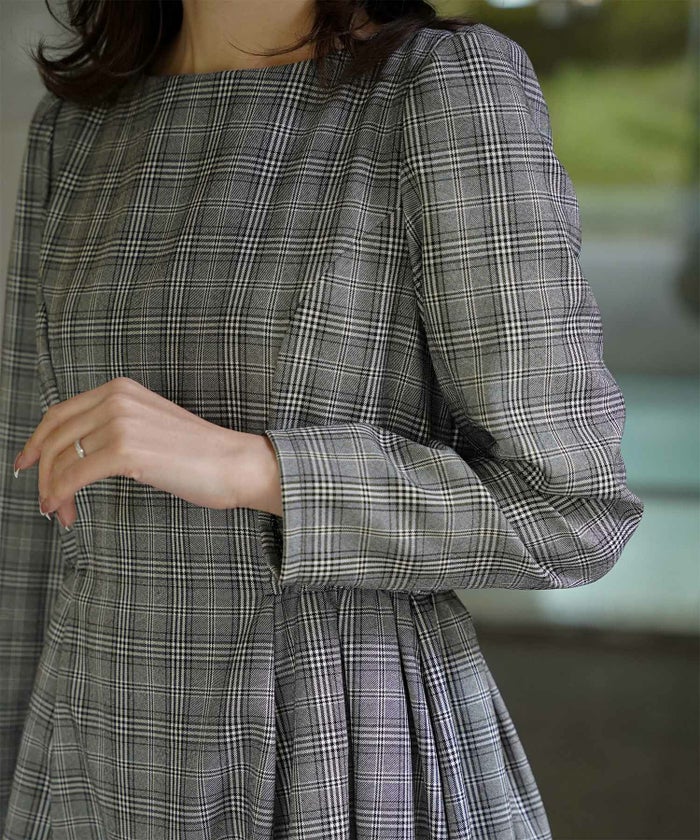 トレンド 秋冬 上品 ドレスライク デイリー ストレッチ タック ギャザー フレア ロング/千鳥格子/グレンチェック/M
