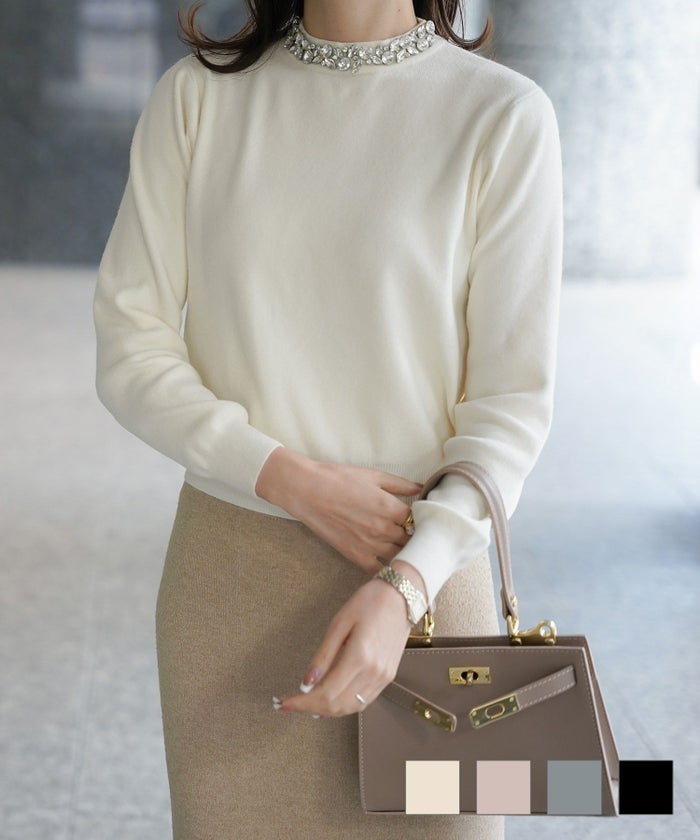 アンゴラ 涙開き ハイネック 冬 ビジューネック ニット プルオーバー HUIT