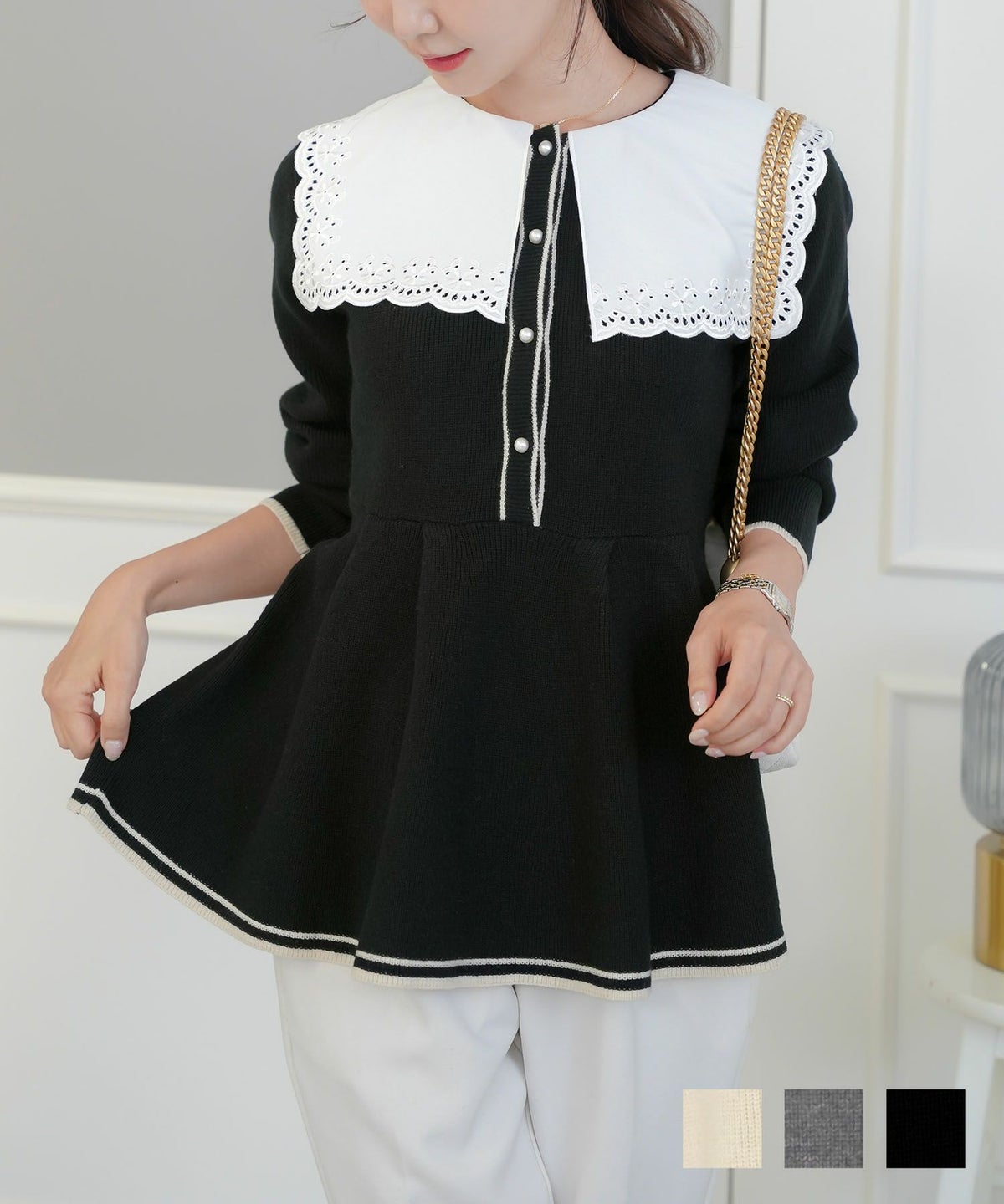 セーラーカラー 襟 布帛 刺繍 花柄 バイカラー ライン配色 前あき 授乳 ママ カジュアル エレガント 上品 ペプラム フレア タック 長袖 秋 冬 春 きれいめ アイボリー チャコール ブラック グレー 白襟 刺繍入り セーラーカラー ペプラム ニット le reve vaniller