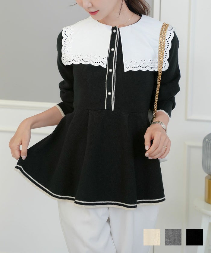 セーラーカラー 襟 布帛 刺繍 花柄 バイカラー ライン配色 前あき 授乳 ママ カジュアル エレガント 上品 ペプラム フレア タック 長袖 秋 冬 春 きれいめ アイボリー チャコール ブラック グレー 白襟 刺繍入り セーラーカラー ペプラム ニット le reve vaniller