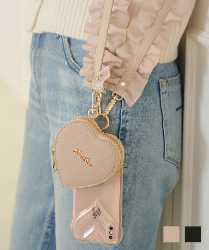 スマホショルダー スマホ オシャレ フリル ホルダー 可愛い 斜め掛け レザー グログラン カラビナ ピンクベージュ ブラック ゴールド ハート ポーチ ファスナー セット 可愛い 上品 フェミニン ハートポーチセット フリル スマホショルダー ストラップ le reve vaniller