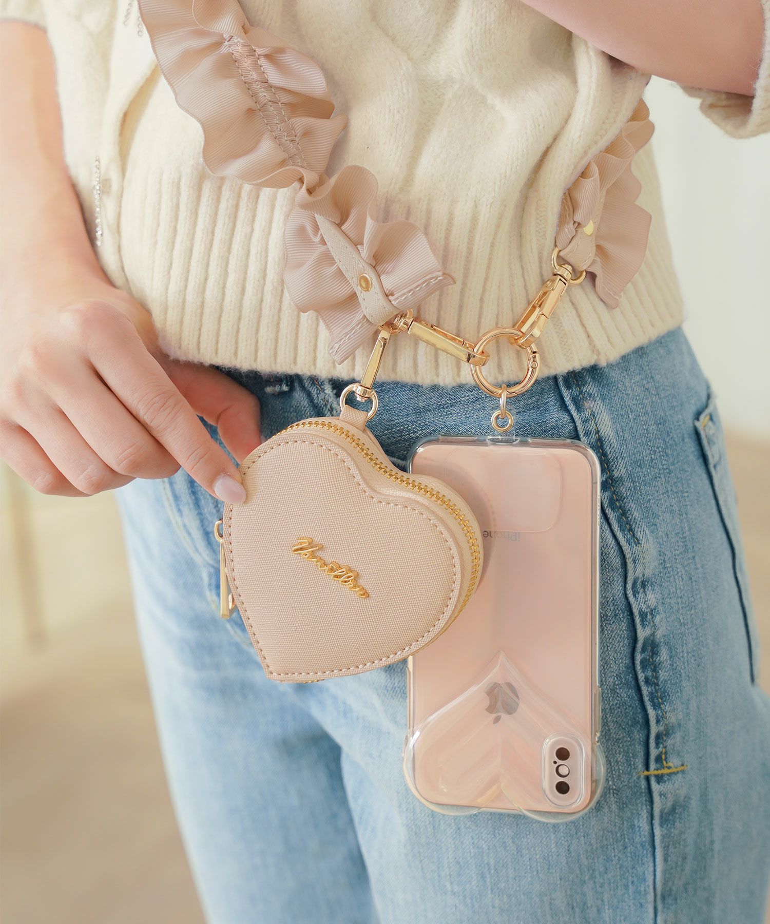 ハートポーチセット フリル スマホショルダー ストラップ le reve vaniller