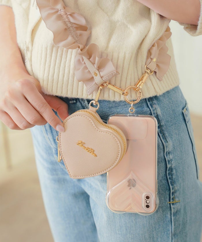 レディース/小物/グッズ/スマホストラップ/スマホショルダー/スマホ/オシャレ/フリル/ホルダー/可愛い/斜め掛け/レザー/グログラン/カラビナ/ピンクベージュ/ブラック/ゴールド/ハート/ポーチ/ファスナー/セット/可愛い/上品/フェミニン