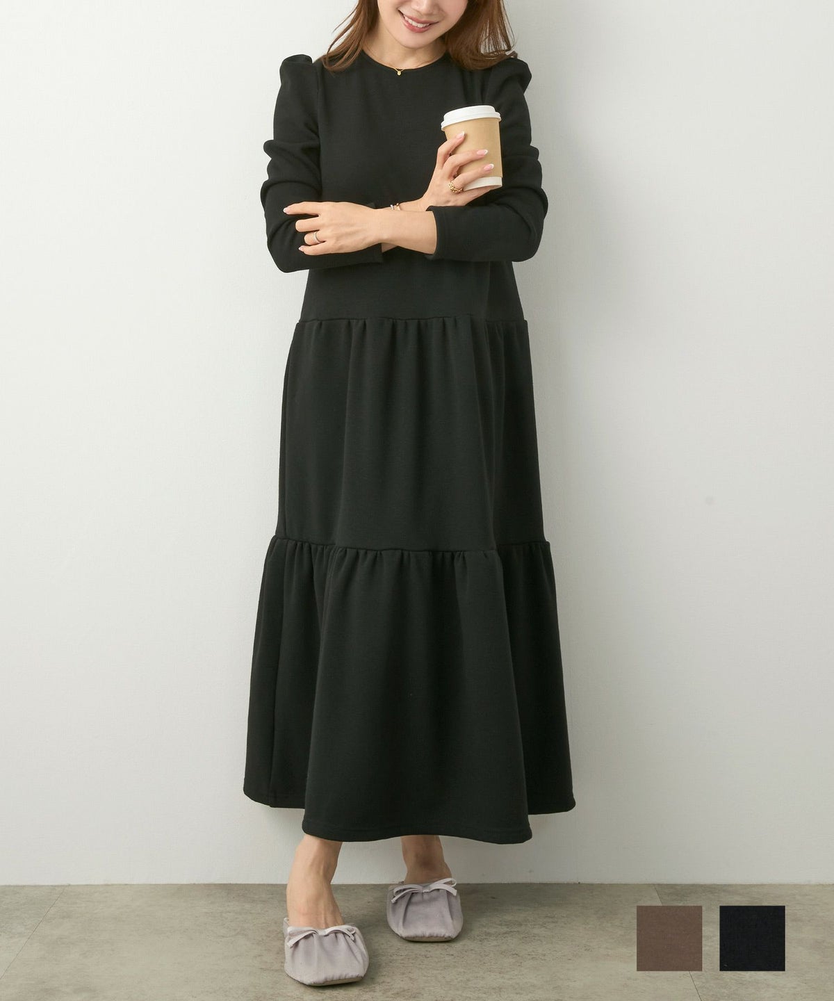 手洗い可ワンピースレディースかわいいきれいめ大人黒秋冬大きめあたたかいウォッシャブルジョイントスペース 裏シャギー ティアード ロング ワンピース 長袖 Liala×PG