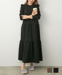 手洗い可ワンピースレディースかわいいきれいめ大人黒秋冬大きめあたたかいウォッシャブルジョイントスペース 裏シャギー ティアード ロング ワンピース 長袖 Liala×PG