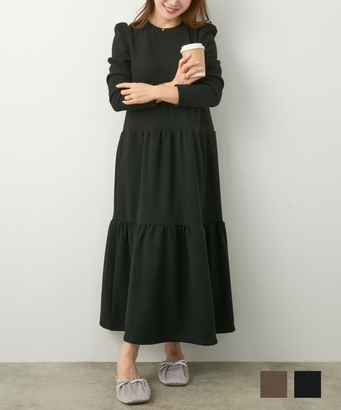 手洗い可ワンピースレディースかわいいきれいめ大人黒秋冬大きめあたたかいウォッシャブルジョイントスペース 裏シャギー ティアード ロング ワンピース 長袖 Liala×PG