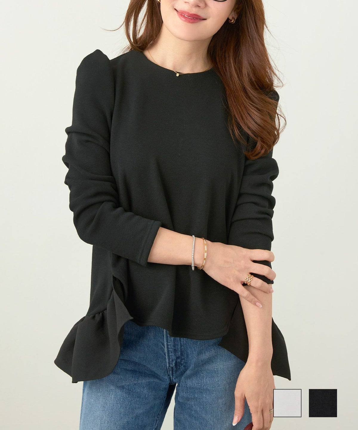 手洗い可 トップス レディース きれいめ かわいい オフィス 裏起毛 あたたか 秋冬 白黒 長袖 ジョイントスペース 裏シャギー 裾フリル カットソー プルオーバー Liala×PG