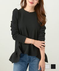 手洗い可 トップス レディース きれいめ かわいい オフィス 裏起毛 あたたか 秋冬 白黒 長袖 ジョイントスペース 裏シャギー 裾フリル カットソー プルオーバー Liala×PG