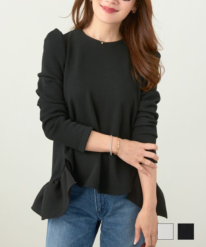 手洗い可 トップス レディース きれいめ かわいい オフィス 裏起毛 あたたか 秋冬 白黒 長袖 ジョイントスペース 裏シャギー 裾フリル カットソー プルオーバー Liala×PG