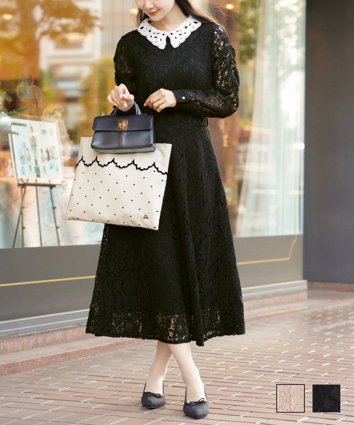 レディース ワンピース レース 襟 シアー 結婚式 オケージョン ピンク ブラック 上品 きれいめ 長袖 パワショル 花柄 配色 エレガント フェミニン レース オケージョン ワンピース 長袖 le reve vaniller