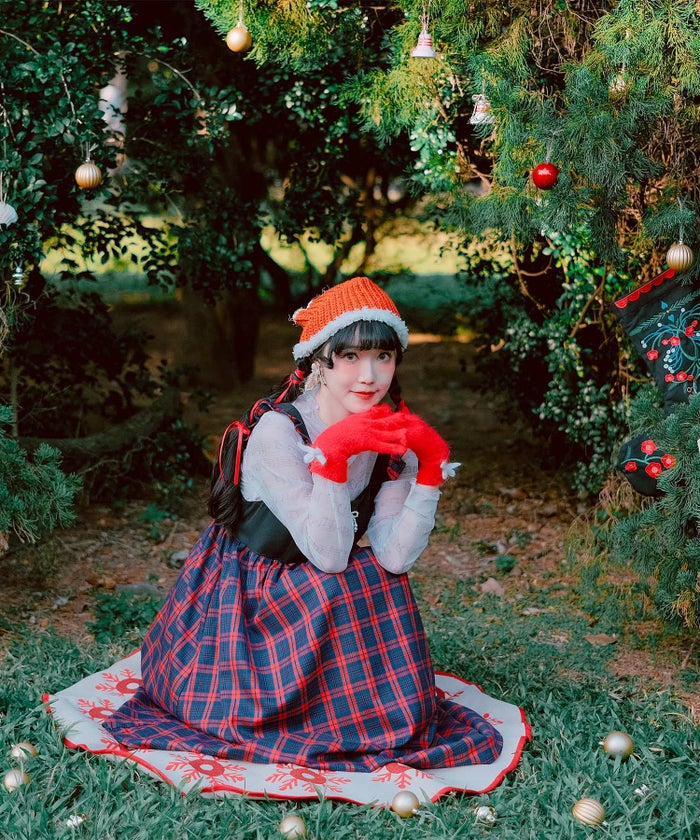 クリスマス リボン パール ロング 秋冬/レッドチェック/ブルーチェック/M