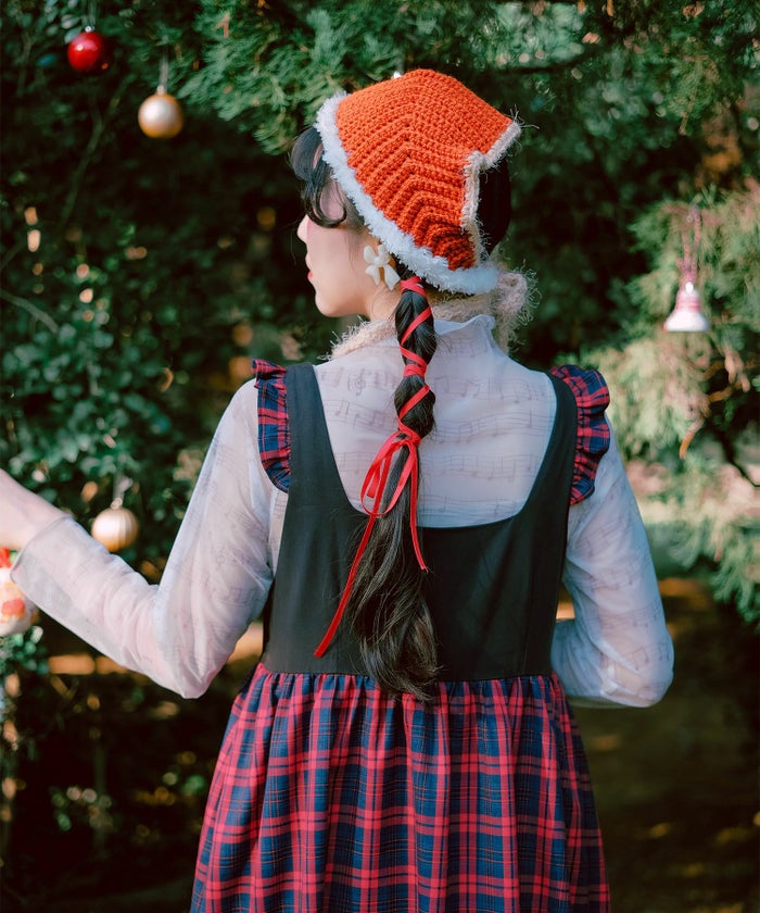 クリスマス リボン パール ロング 秋冬/レッドチェック/ブルーチェック/M