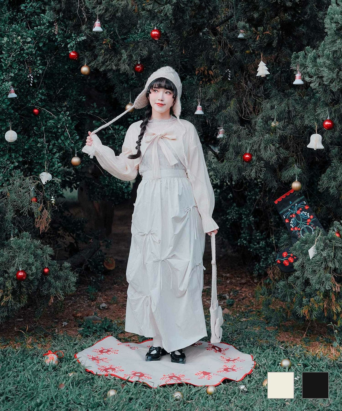 ウエストゴム タック カジュアル ナイロン ランダム リボン デザイン スカート miolite