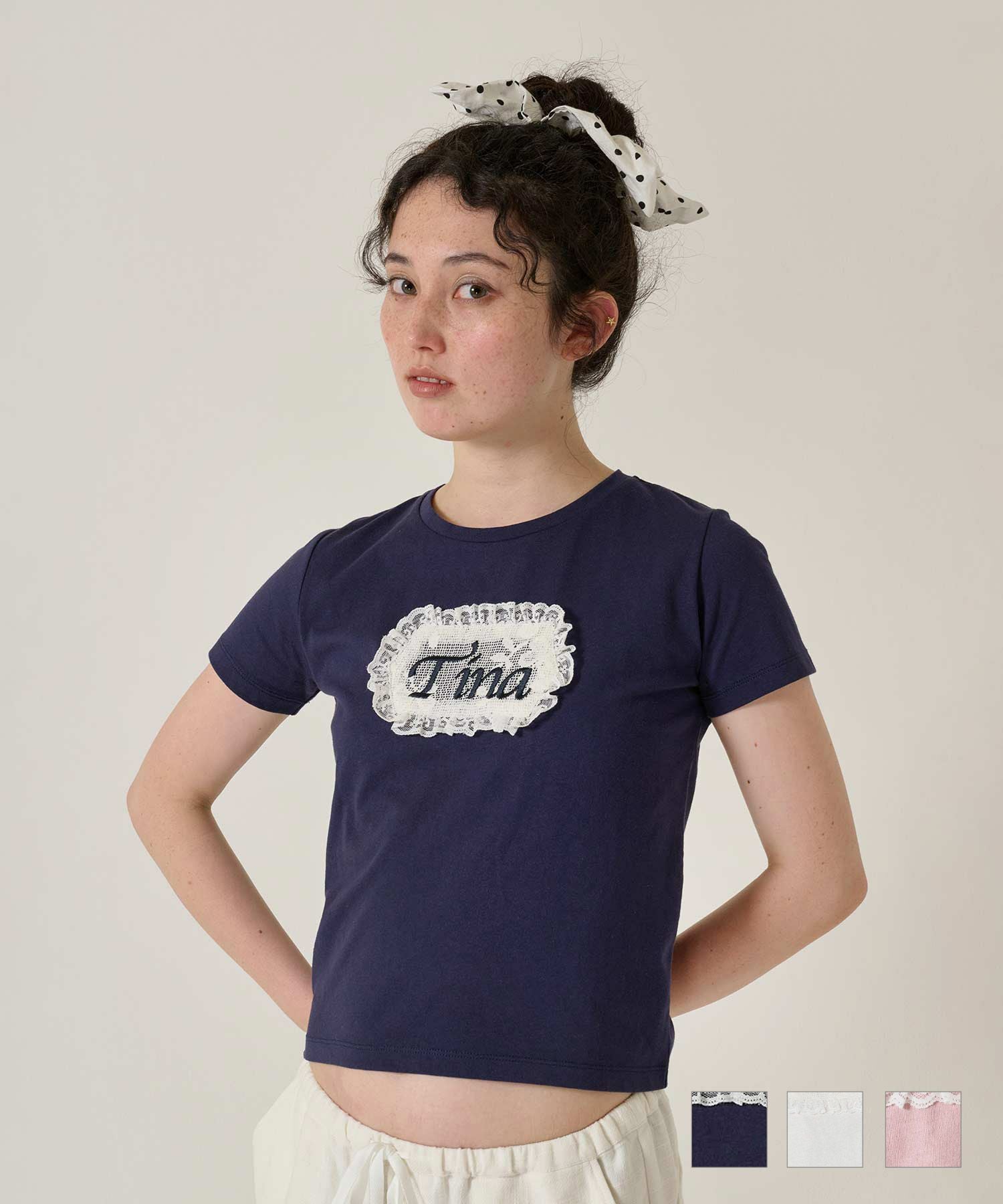 Tinajojun刺繍入りフリルタンクトップ グレー Tina刺繍 コンパクトTシャツ TINA：JOJUN 全3色｜tnj521-0982【7