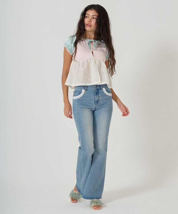 ボトムス/デニム/フレアパンツ/レース