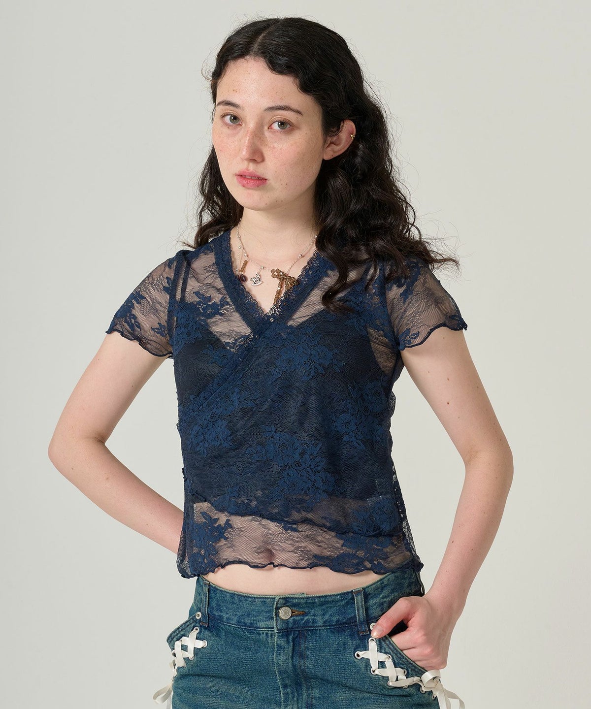 レース/カシュクール/トップス/ネイビー