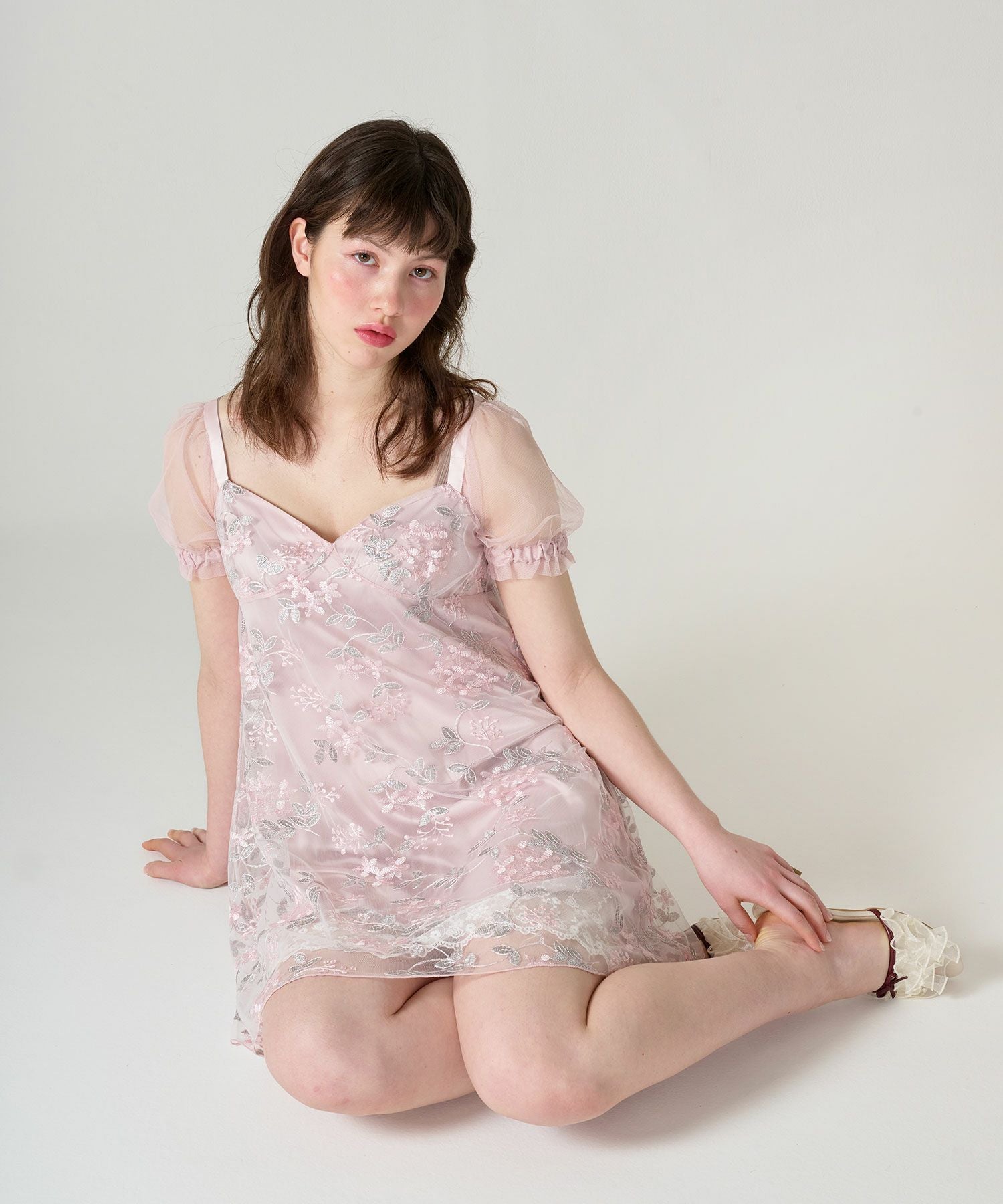 限定Price！SALE 花柄刺繍 シアーパフスリーブワンピース TINA：JOJUN
