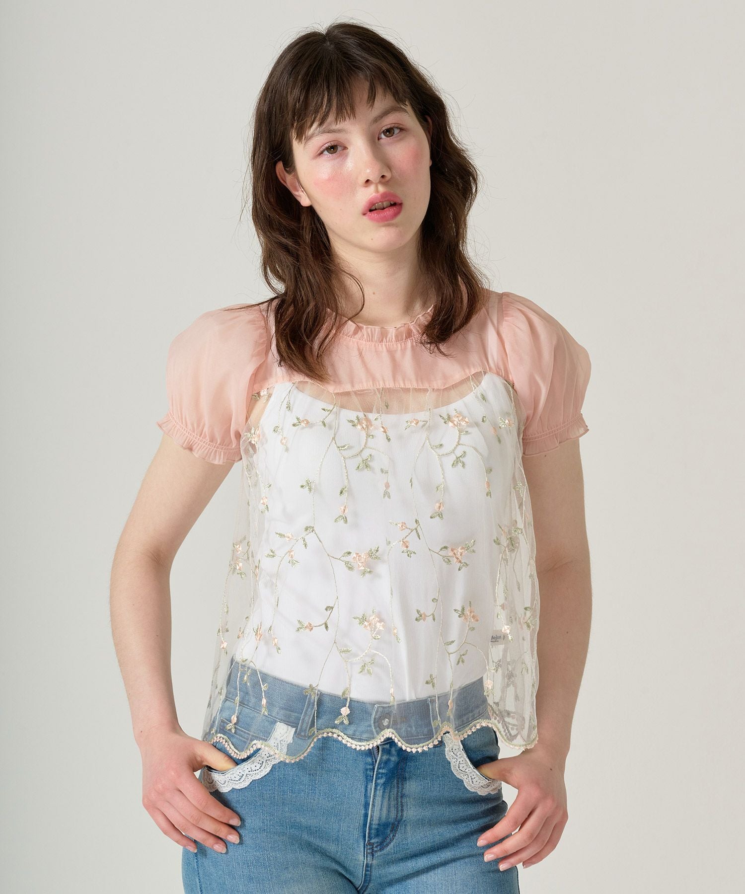 FINAL SALE 花柄刺繍 シアーギャザーブラウス TINA：JOJUN 全2色