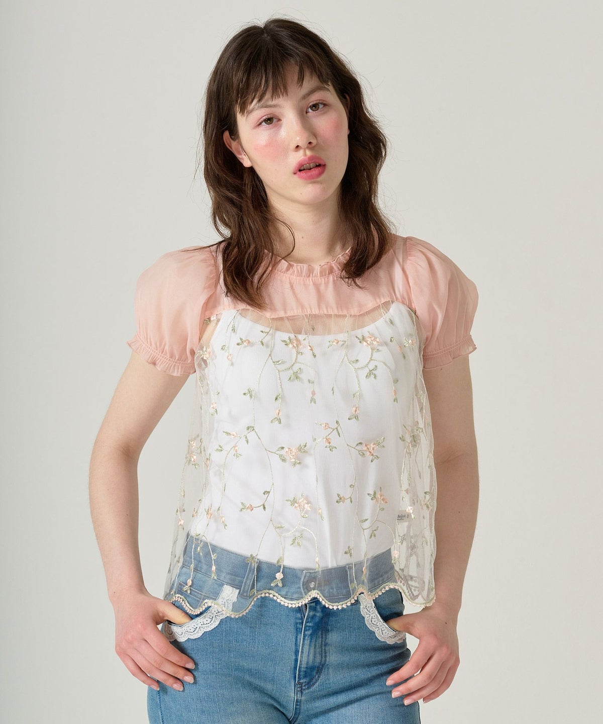 トップス/シアー/花柄/チュール