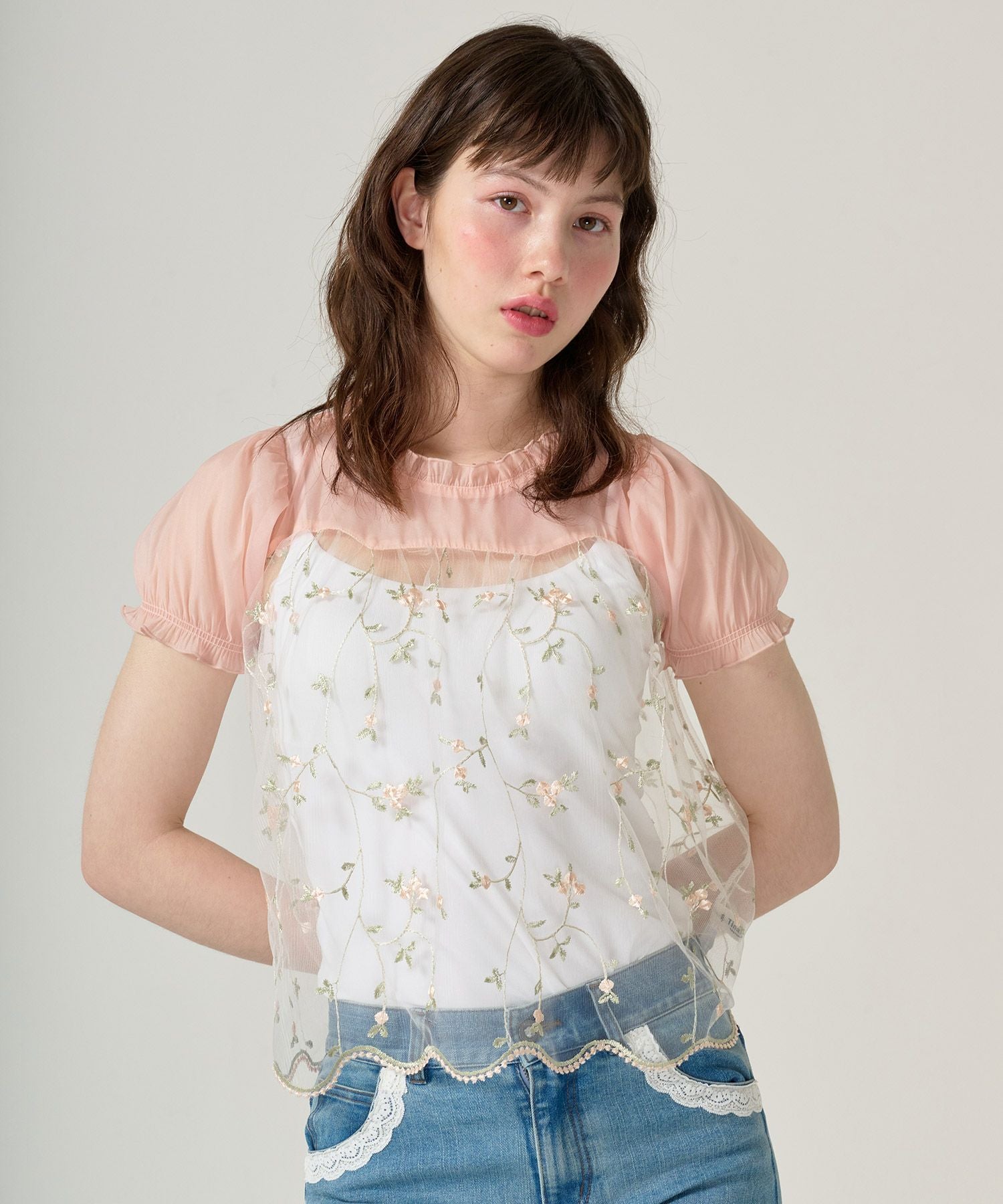GWSALE 花柄刺繍 シアーギャザーブラウス TINA：JOJUN 全2色｜tnj821