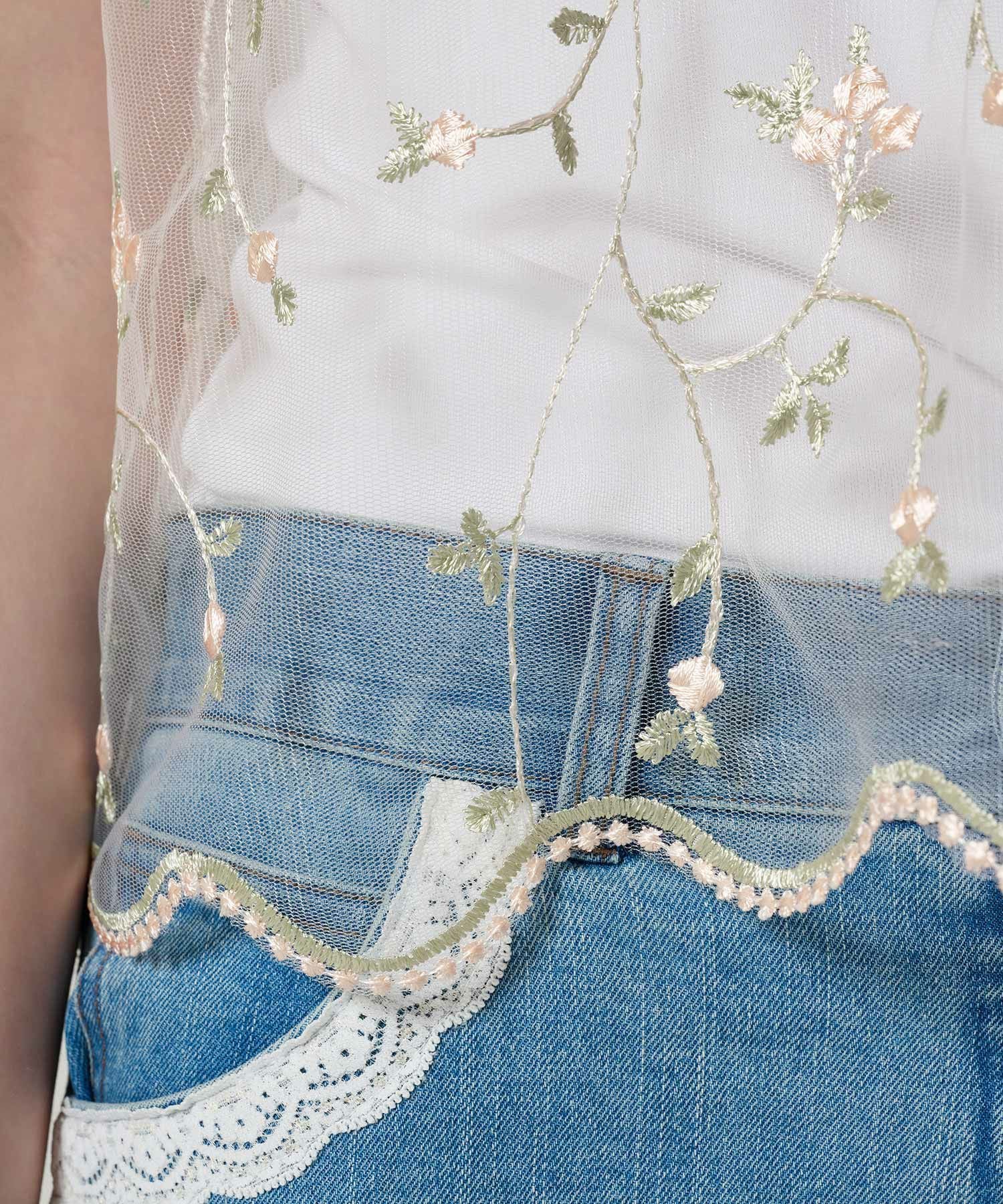FINAL SALE 花柄刺繍 シアーギャザーブラウス TINA：JOJUN 全2色