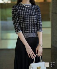 モノトーン アンゴラタッチ ブークレ ラメ コンパクト 配色 7分袖 ツイード調 ニット トップス HUIT