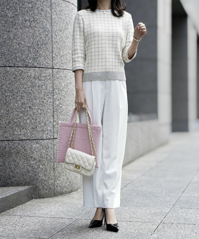 モノトーン アンゴラタッチ ブークレ ラメ コンパクト 配色 7分袖/アイボリー/ブラック/M